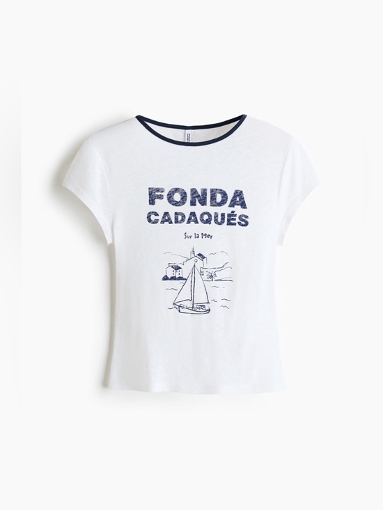 H&M Tops - H&M Linen-Blend Print-Motif T-Shirt